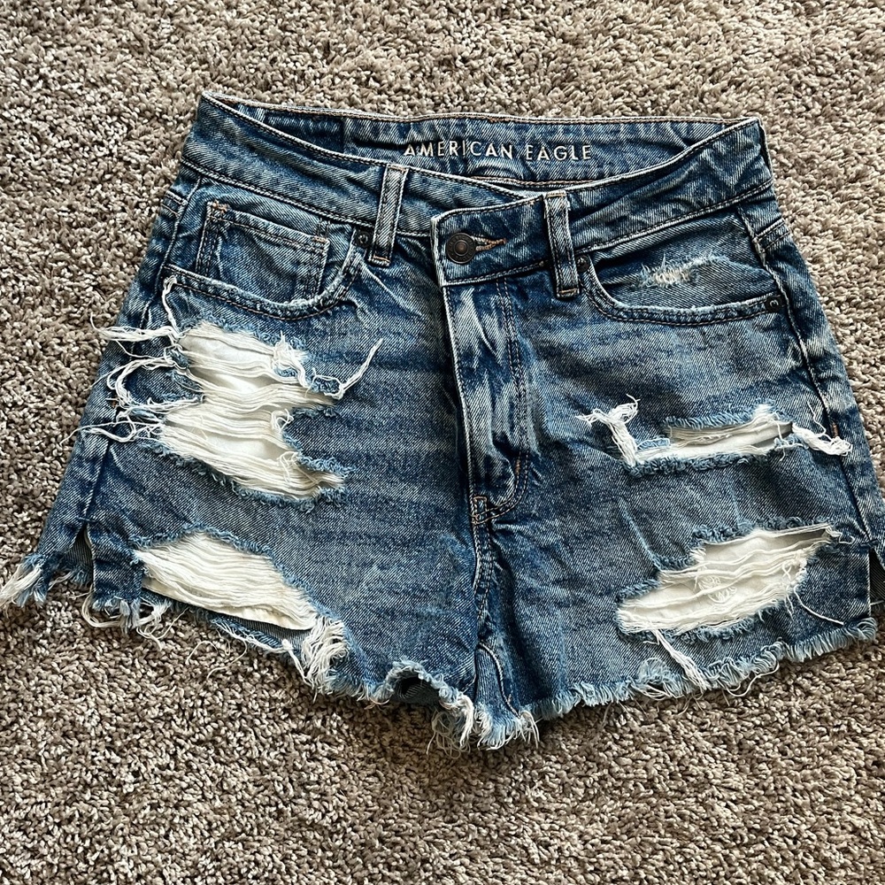 American Eagle Outfitters Ripped Mid-Blue Denim Shorts